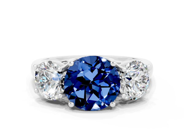 White gold Three-Stone Round Cut Blue Sapphire Engagement Ring with Prong Setting