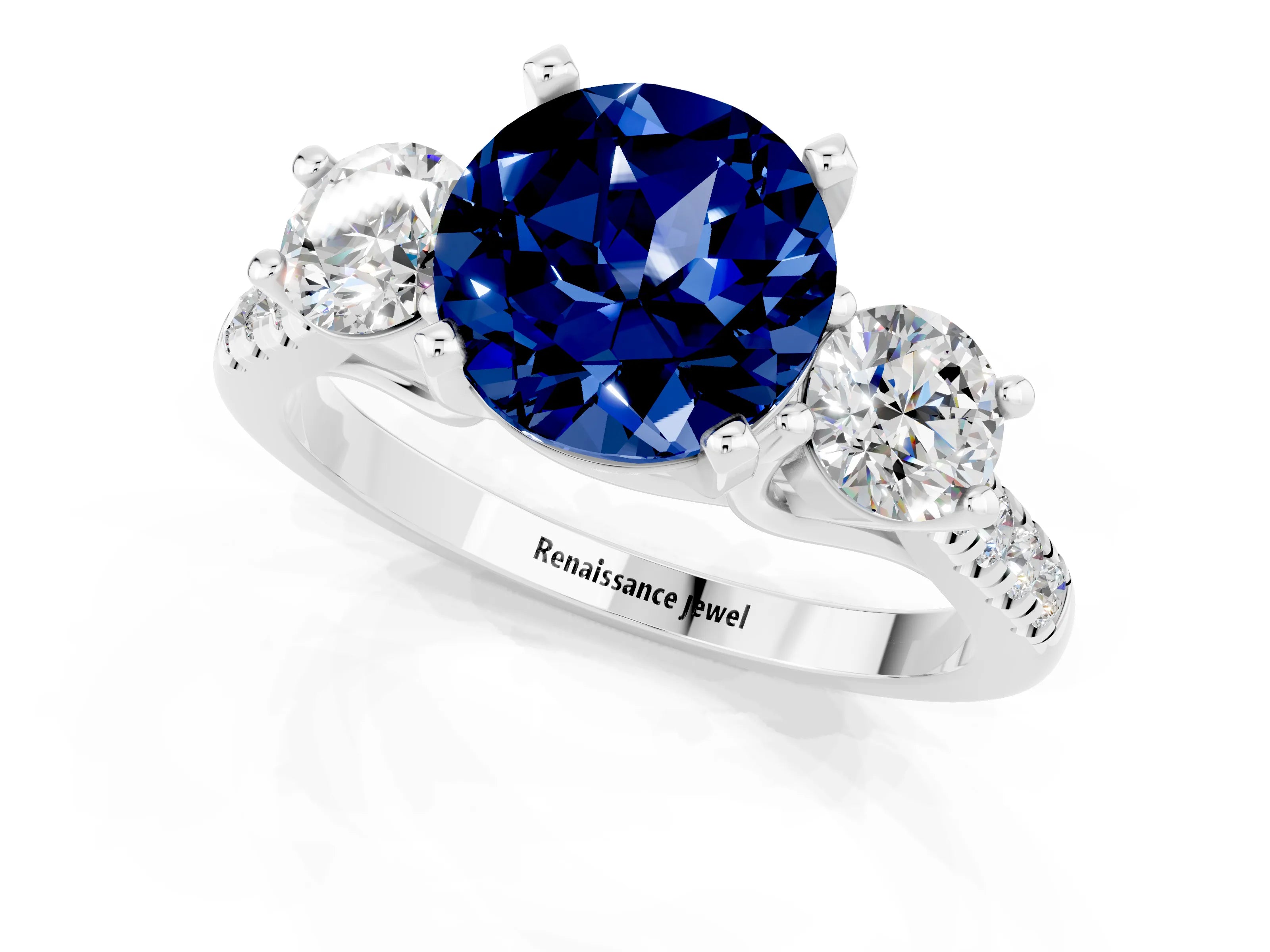 White gold Three-Stone Round Cut Blue Sapphire Pavé Band with Four-Prong Setting_1