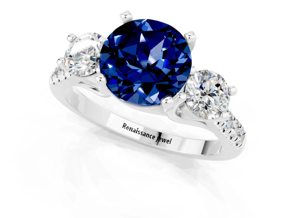 White gold Three-Stone Round Cut Blue Sapphire Pavé Band with Four-Prong Setting