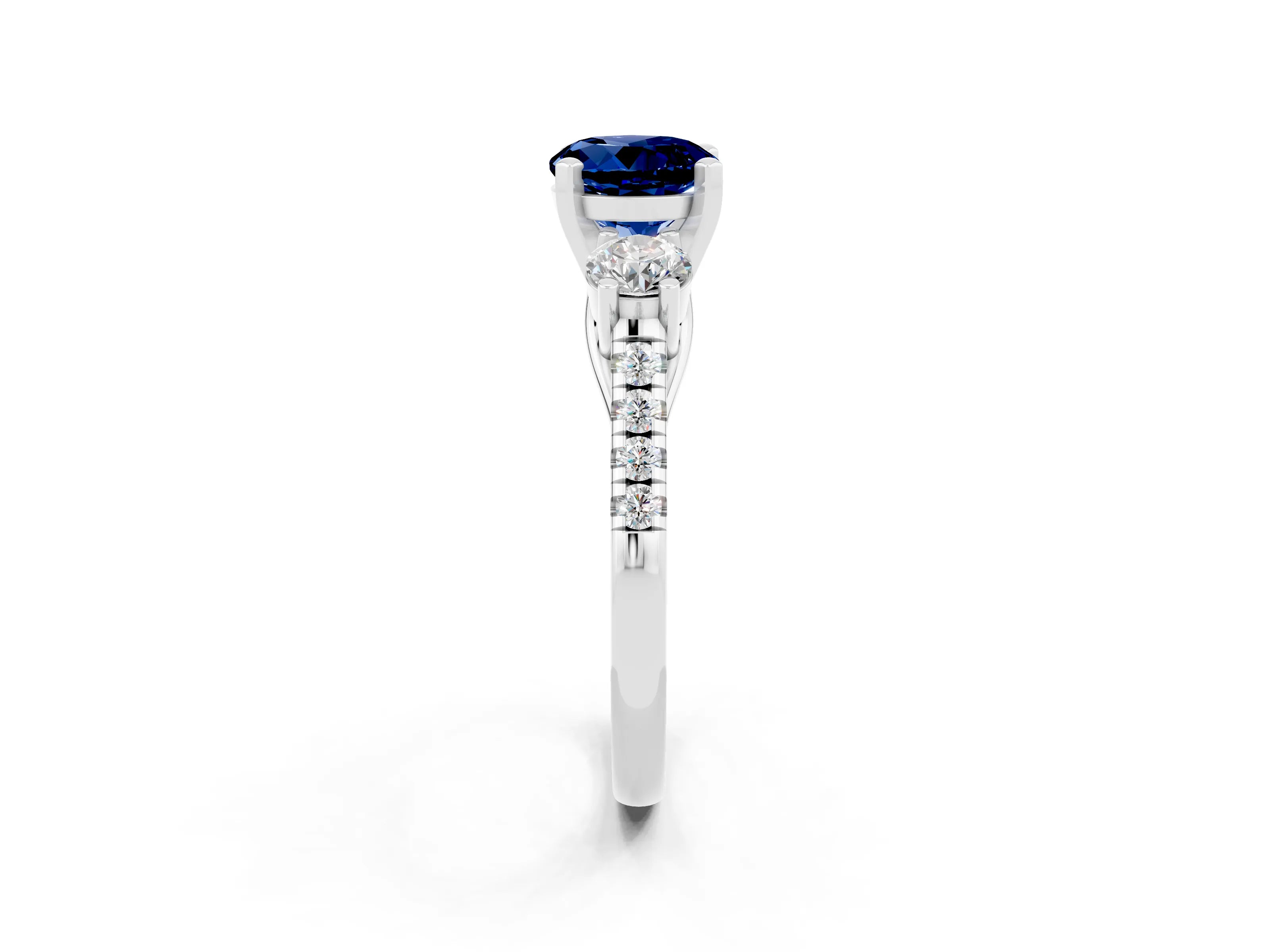 White gold Three-Stone Round Cut Blue Sapphire Pavé Band with Four-Prong Setting_2
