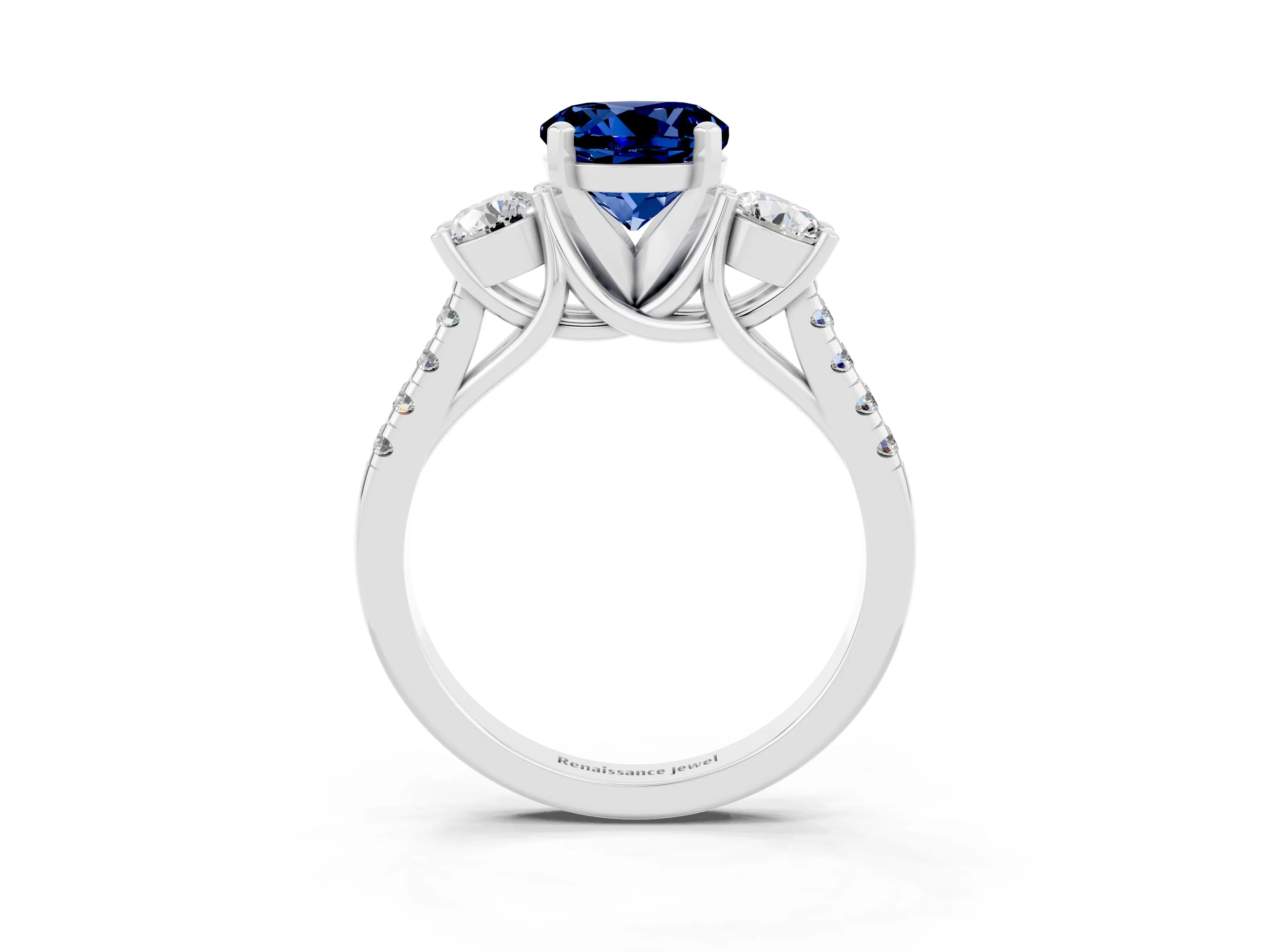 White gold Three-Stone Round Cut Blue Sapphire Pavé Band with Four-Prong Setting_3