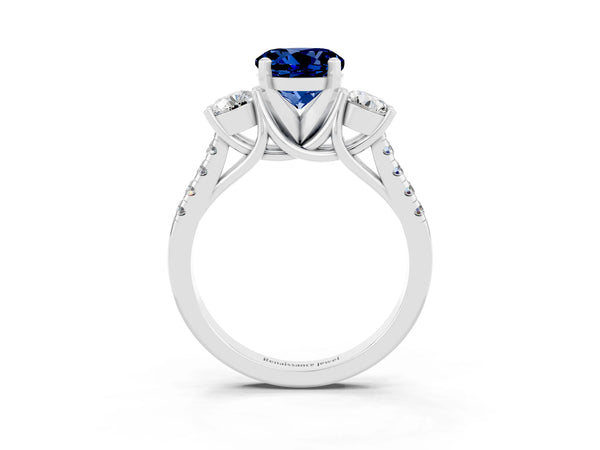 Silver Three-Stone Round Cut Blue Sapphire Pavé Band with Four-Prong Setting