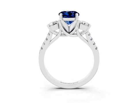 White gold Three-Stone Round Cut Blue Sapphire Pavé Band with Four-Prong Setting_3