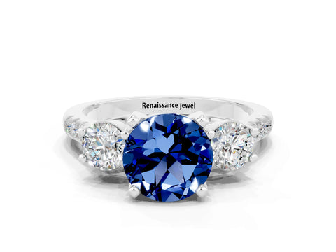 White gold Three-Stone Round Cut Blue Sapphire Pavé Band with Four-Prong Setting