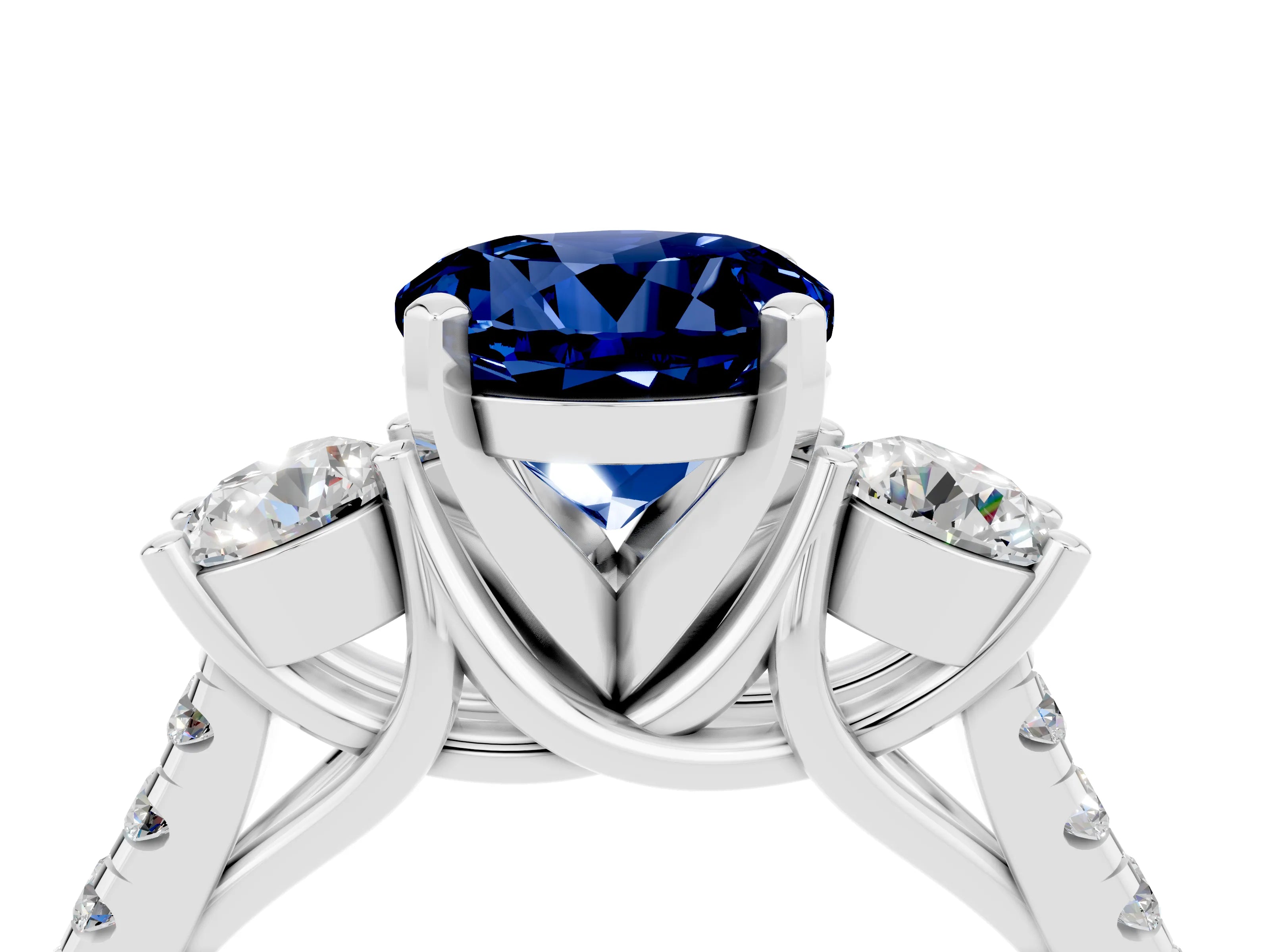 White gold Three-Stone Round Cut Blue Sapphire Pavé Band with Four-Prong Setting_4