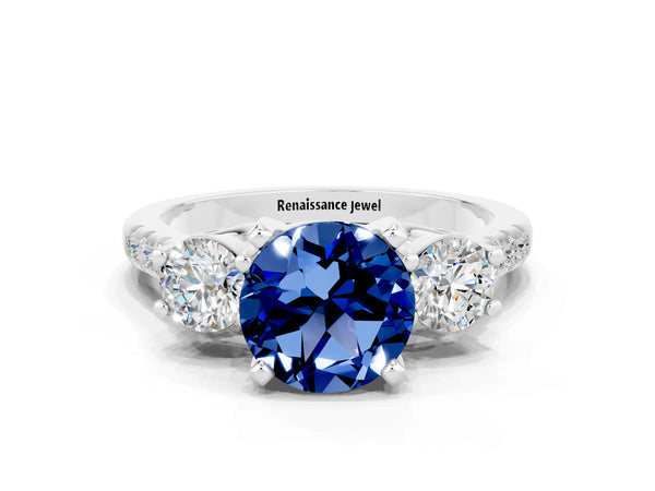 Silver Three-Stone Round Cut Blue Sapphire Pavé Band with Four-Prong Setting