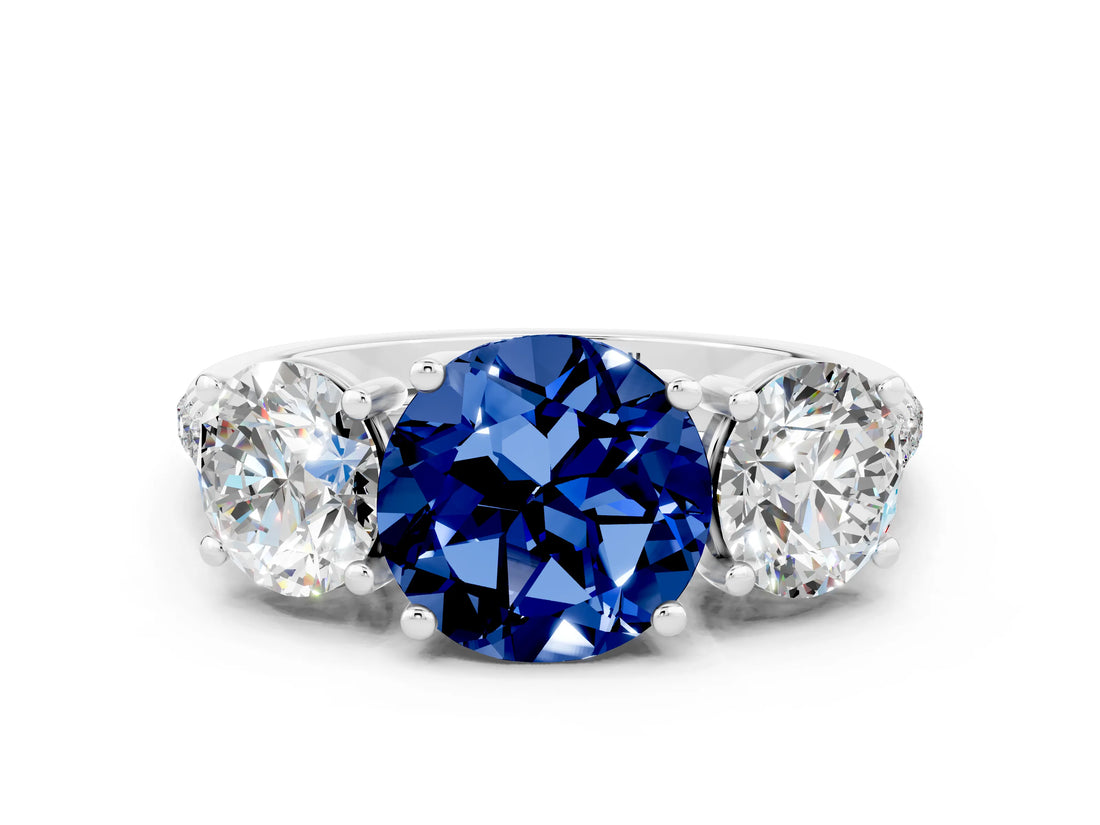 White gold Three-Stone Round Cut Blue Sapphire Ring with Pavé Band and Prong Setting_12
