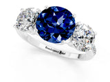 White gold Three-Stone Round Cut Blue Sapphire Ring with Pavé Band and Prong Setting_13