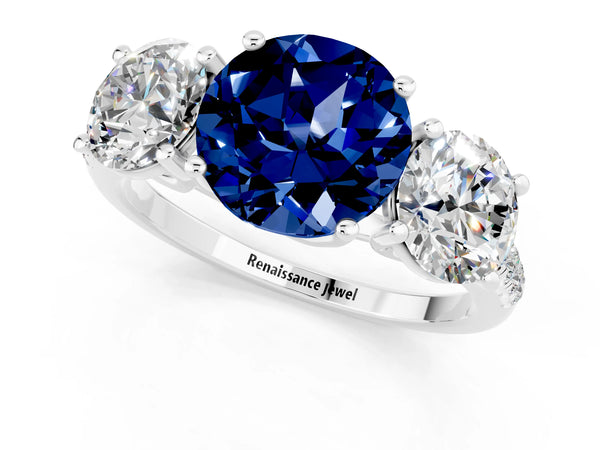 Platinum Three-Stone Round Cut Blue Sapphire Ring with Round  Pavé Band and Prong Setting
