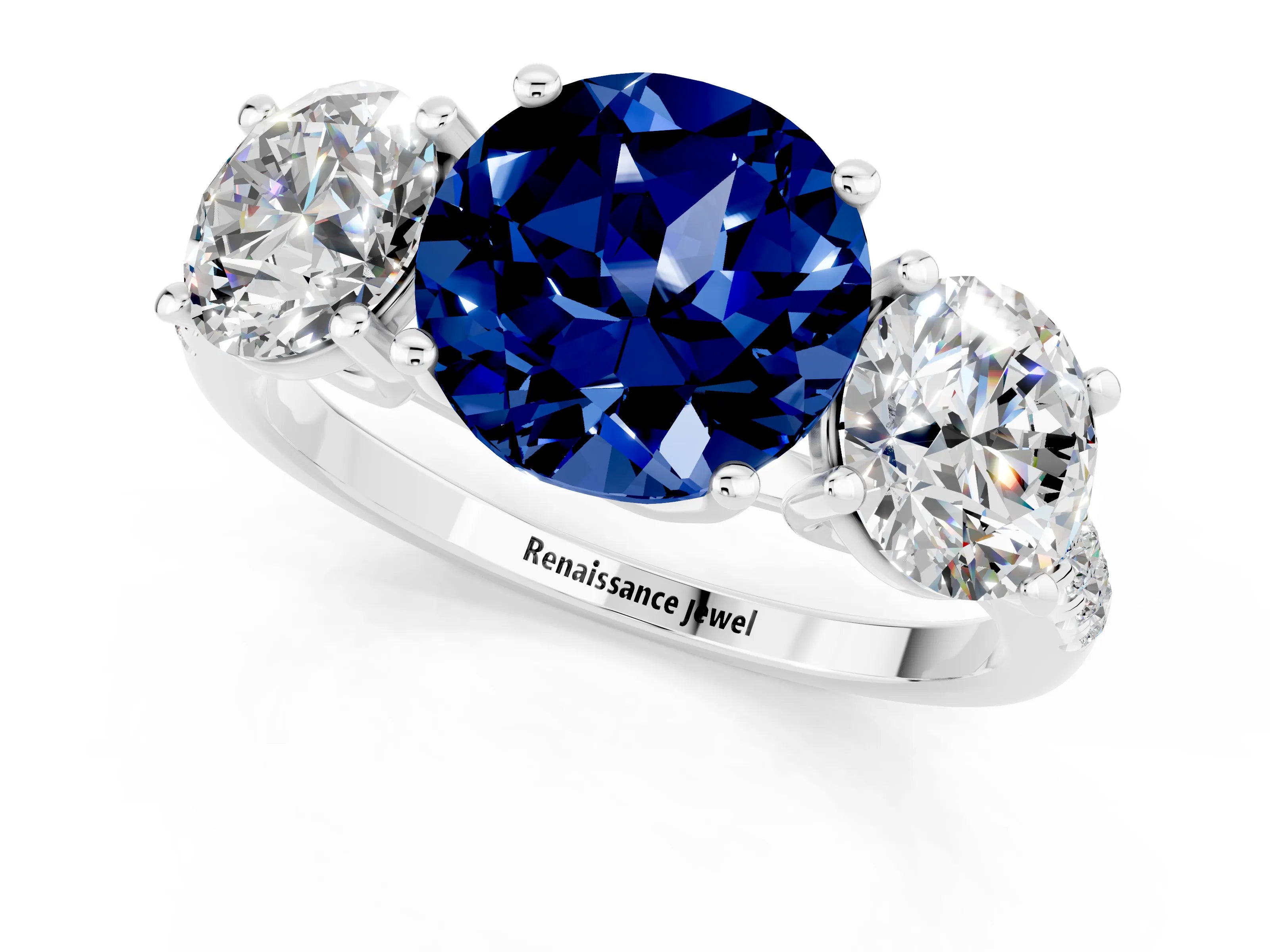 White gold Three-Stone Round Cut Blue Sapphire Ring with Pavé Band and Prong Setting_13
