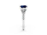 White gold Three-Stone Round Cut Blue Sapphire Ring with Pavé Band and Prong Setting_14