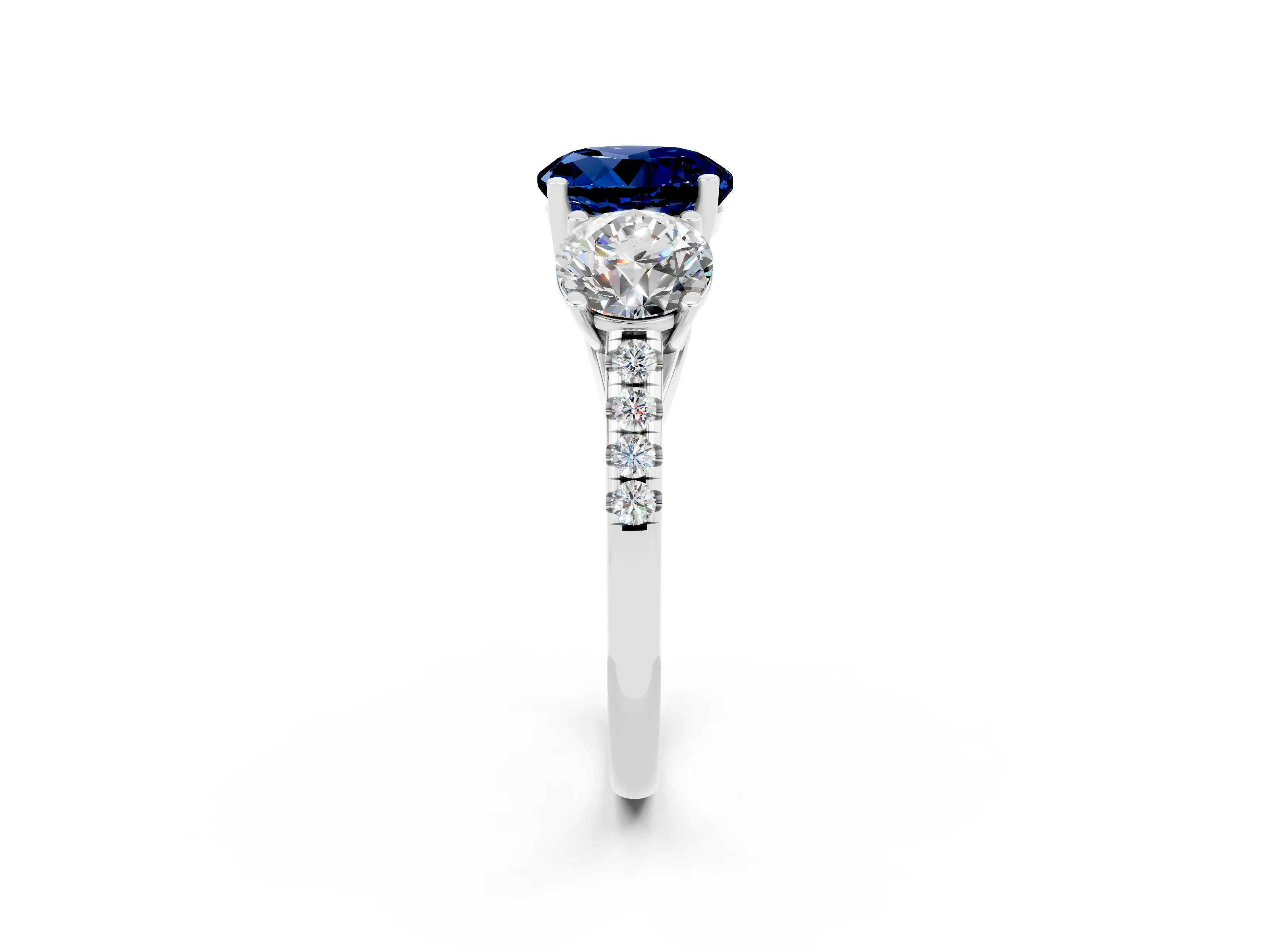 White gold Three-Stone Round Cut Blue Sapphire Ring with Pavé Band and Prong Setting_14