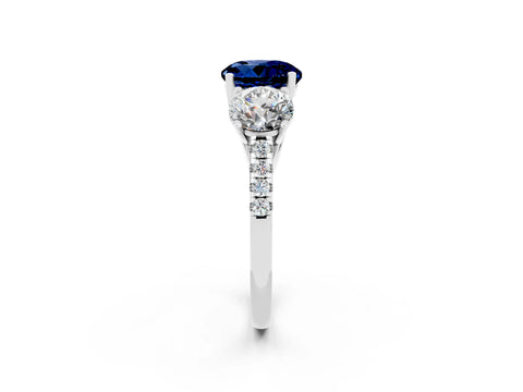 White gold Three-Stone Round Cut Blue Sapphire Ring with Pavé Band and Prong Setting_14