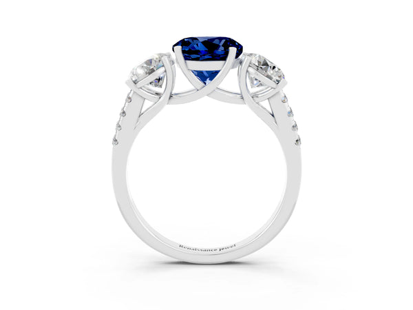 Platinum Three-Stone Round Cut Blue Sapphire Ring with Round  Pavé Band and Prong Setting
