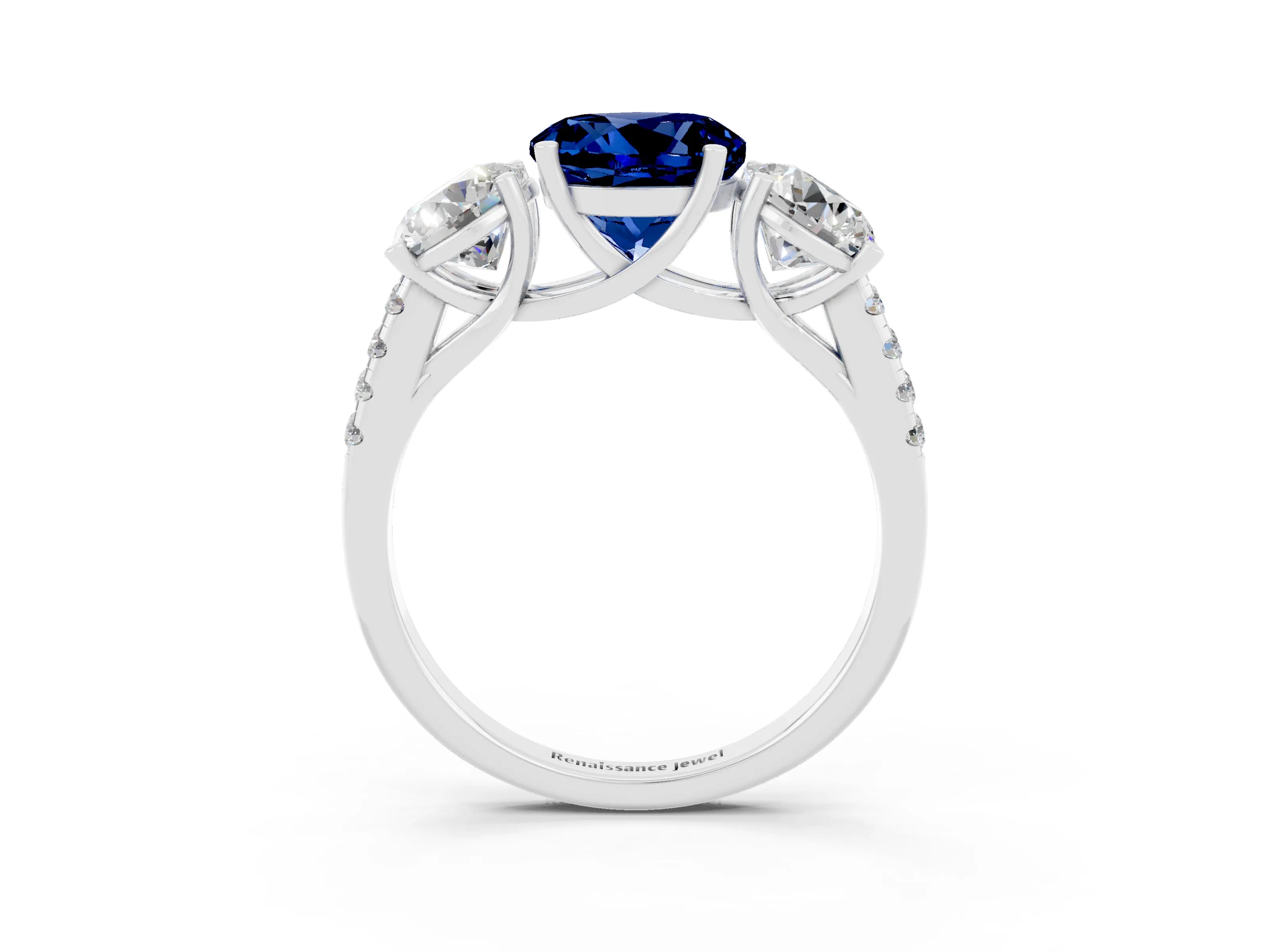 White gold Three-Stone Round Cut Blue Sapphire Ring with Pavé Band and Prong Setting_15
