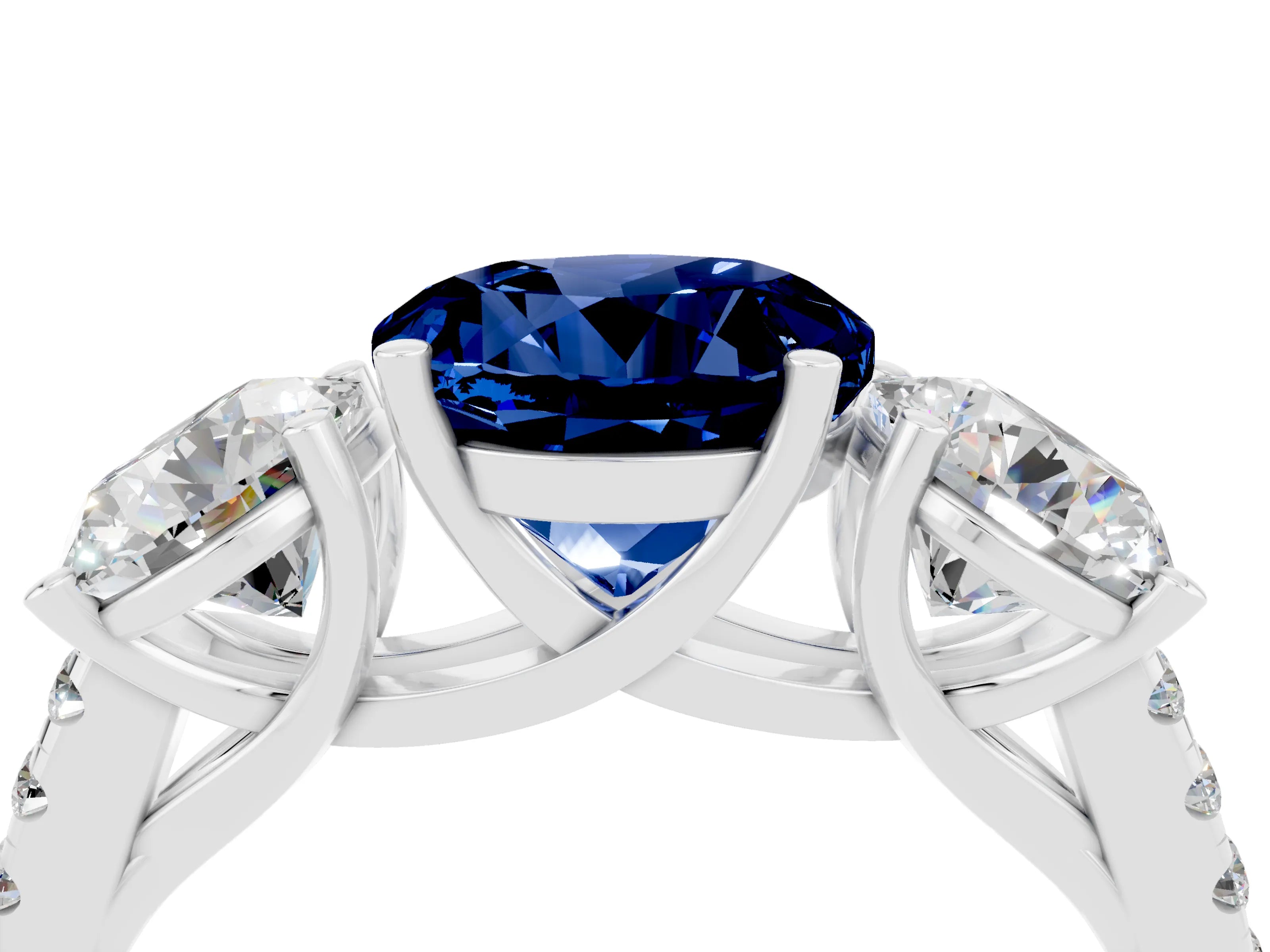 White gold Three-Stone Round Cut Blue Sapphire Ring with Pavé Band and Prong Setting_16