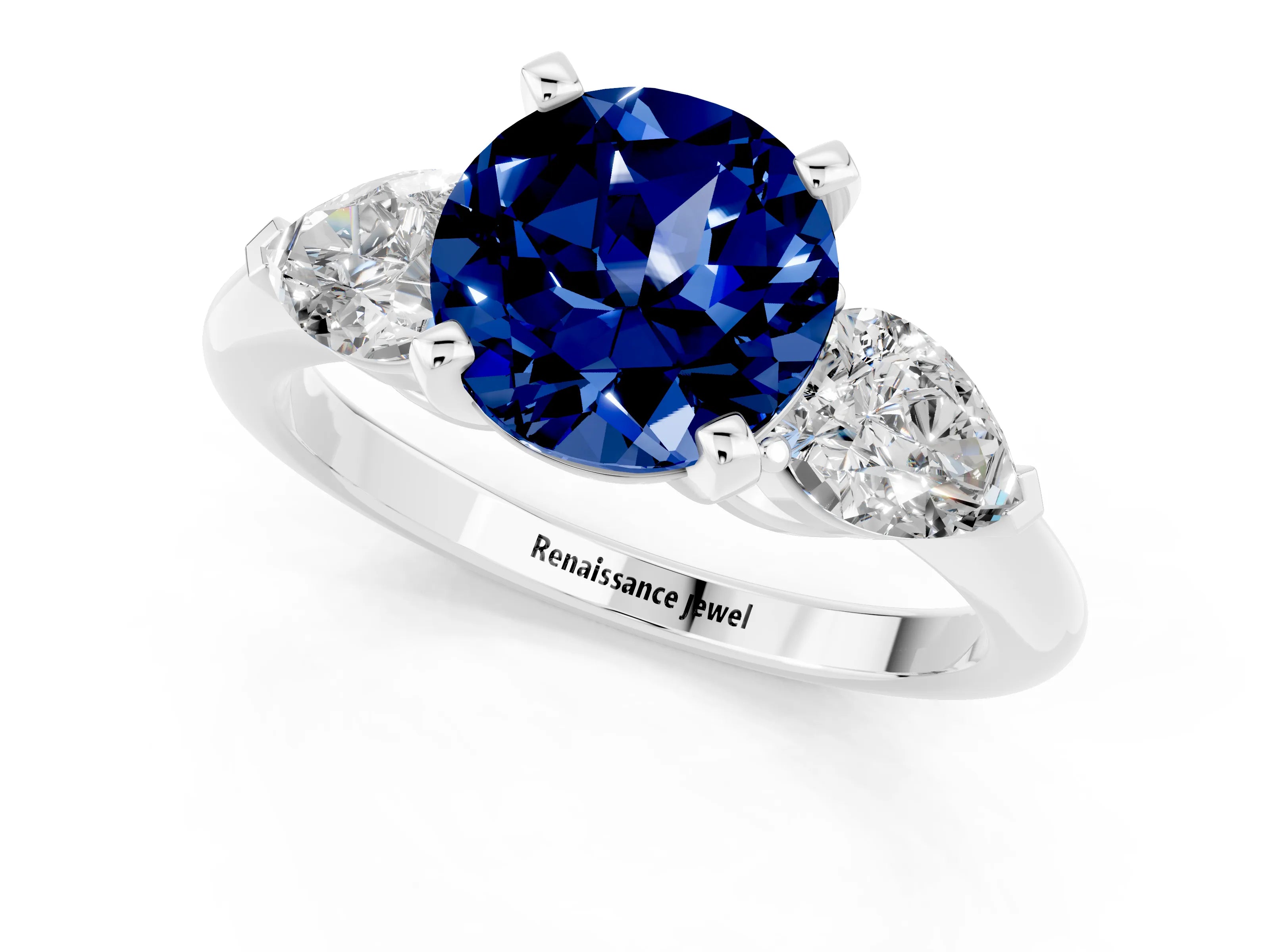 White gold Three-Stone Round Cut Blue Sapphire Ring with Pear Side Stones and Four-Prong Setting_21