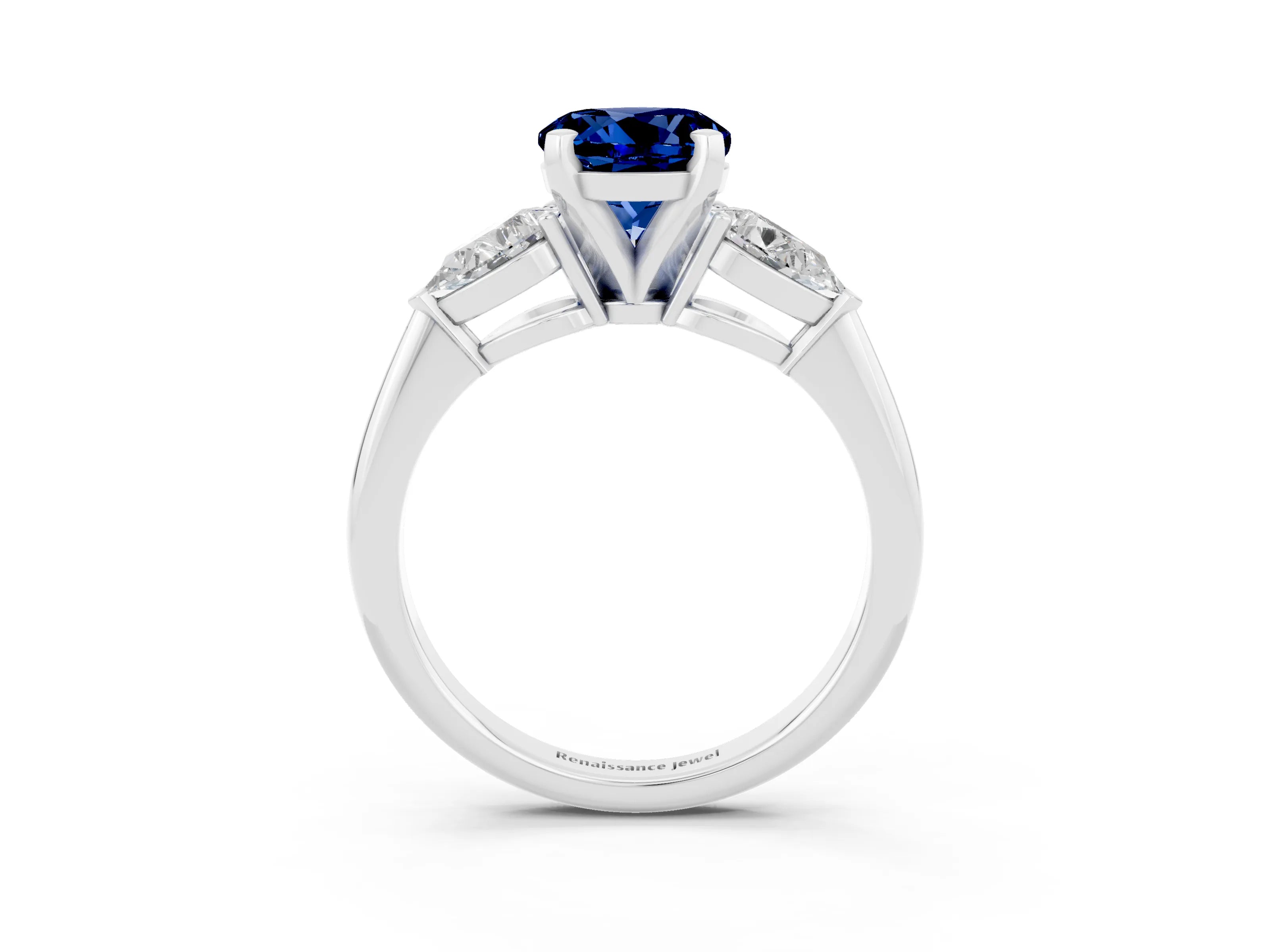 White gold Three-Stone Round Cut Blue Sapphire Ring with Pear Side Stones and Four-Prong Setting_23