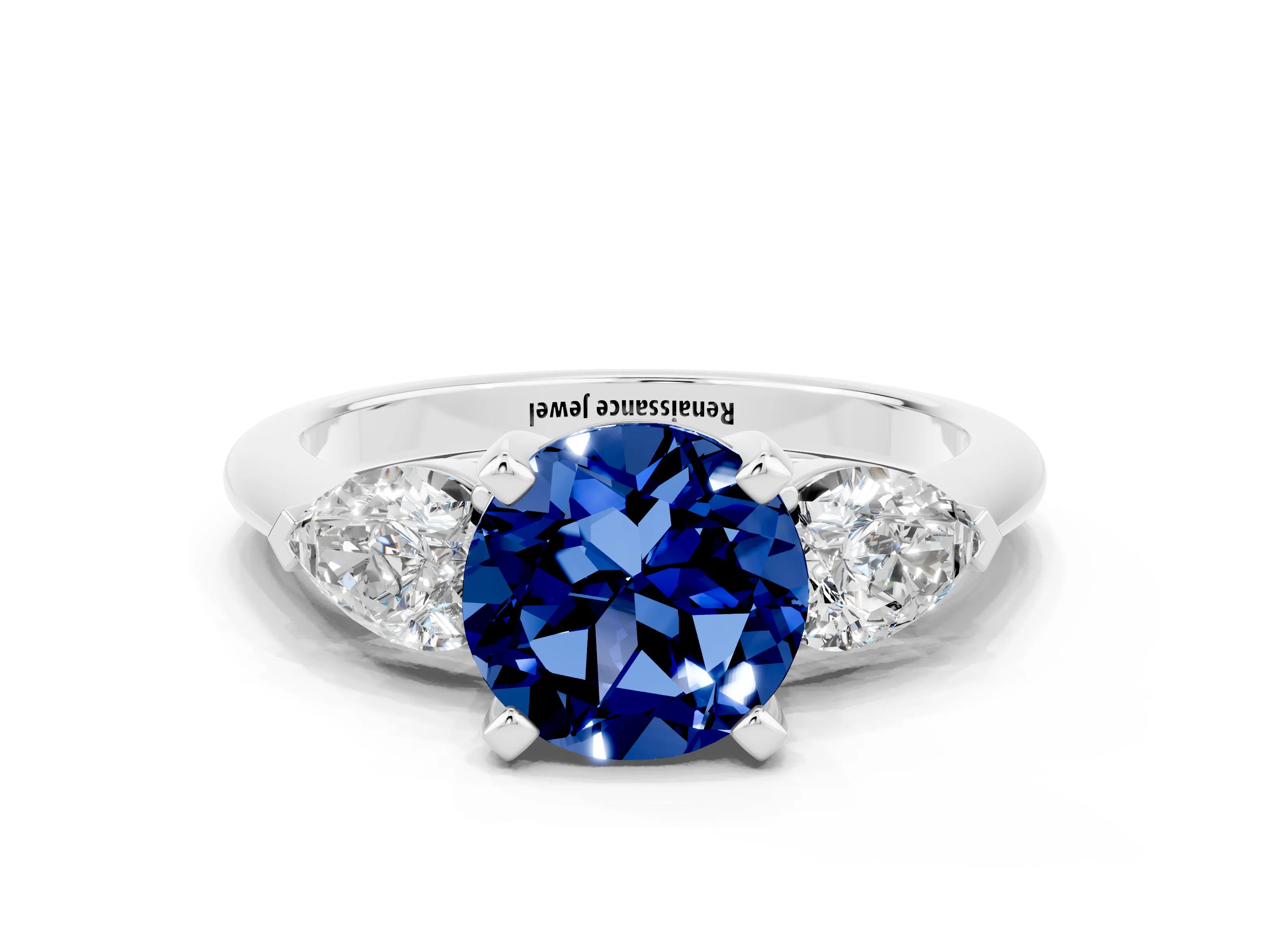 White gold Three-Stone Round Cut Blue Sapphire Ring with Pear Side Stones and Four-Prong Setting_24
