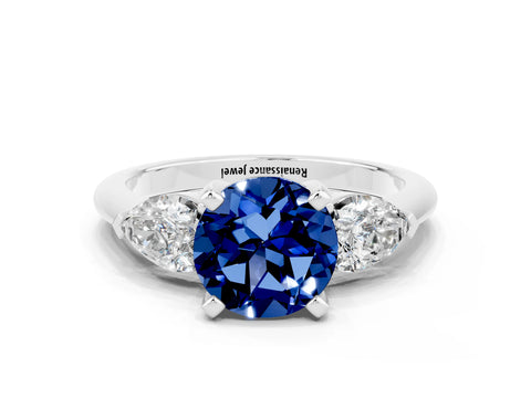 White gold Three-Stone Round Cut Blue Sapphire Ring with Pear Side Stones and Four-Prong Setting_24