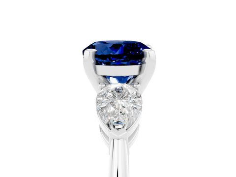 White gold Three-Stone Round Cut Blue Sapphire Ring with Pear Side Stones and Four-Prong Setting_25