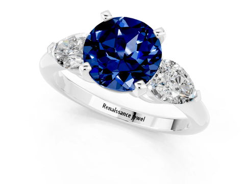 White gold Three-Stone Round Cut Blue Sapphire Ring with Pear Side Stones and Four-Prong Setting_25