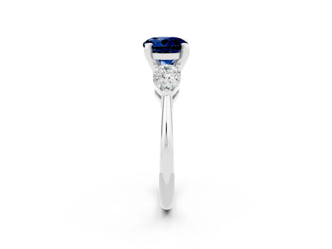 White gold Three-Stone Round Cut Blue Sapphire Ring with Pear Side Stones and Four-Prong Setting_26