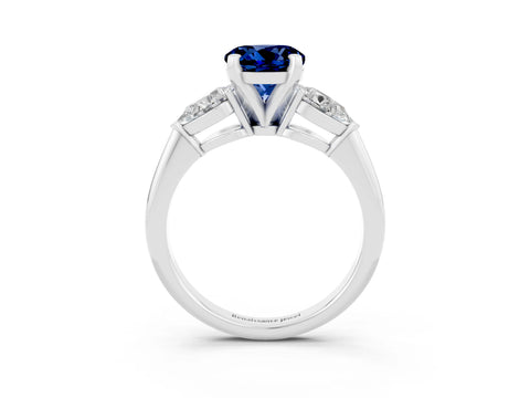 White gold Three-Stone Round Cut Blue Sapphire Ring with Pear Side Stones and Four-Prong Setting_27