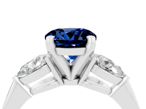 White gold Three-Stone Round Cut Blue Sapphire Ring with Pear Side Stones and Four-Prong Setting_28