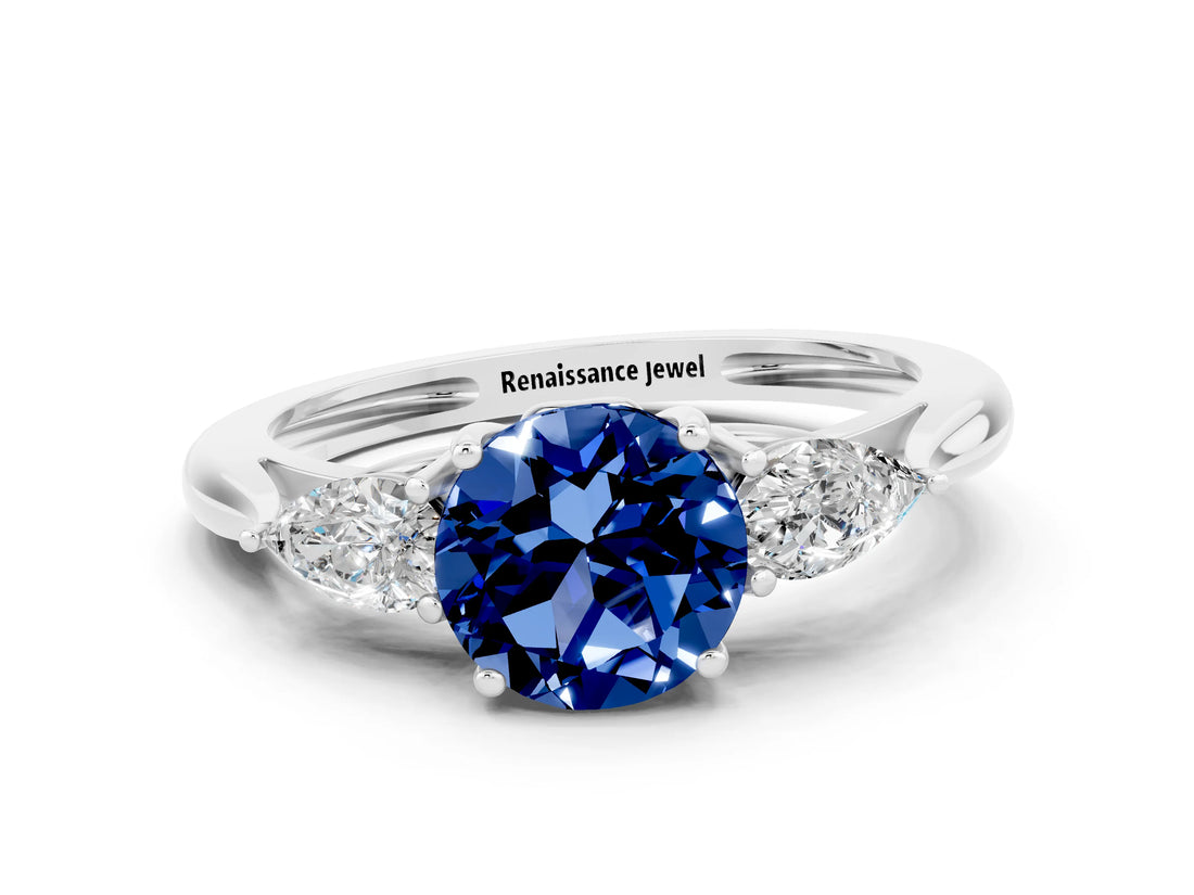 White gold Three-Stone Round Cut Blue Sapphire Ring with Pear  Side Stones in Four-Prong Setting_12