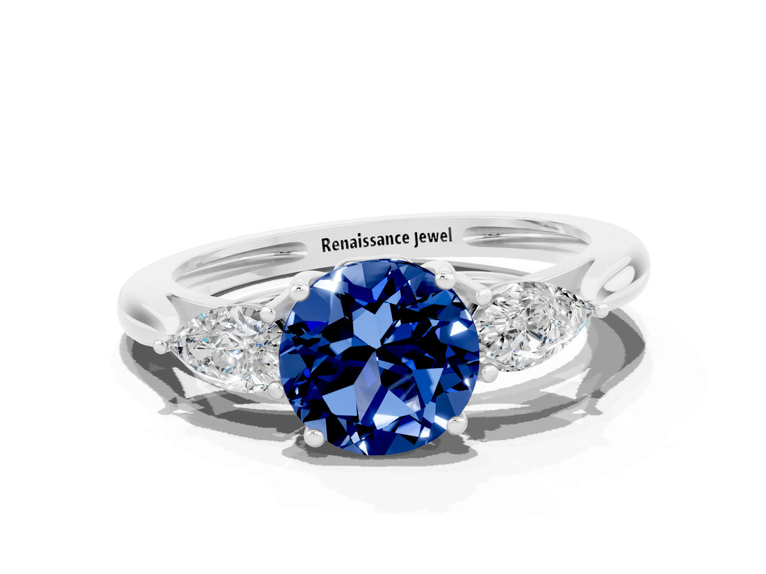 White gold Three-Stone Round Cut Blue Sapphire Ring with Pear  Side Stones in Four-Prong Setting_48