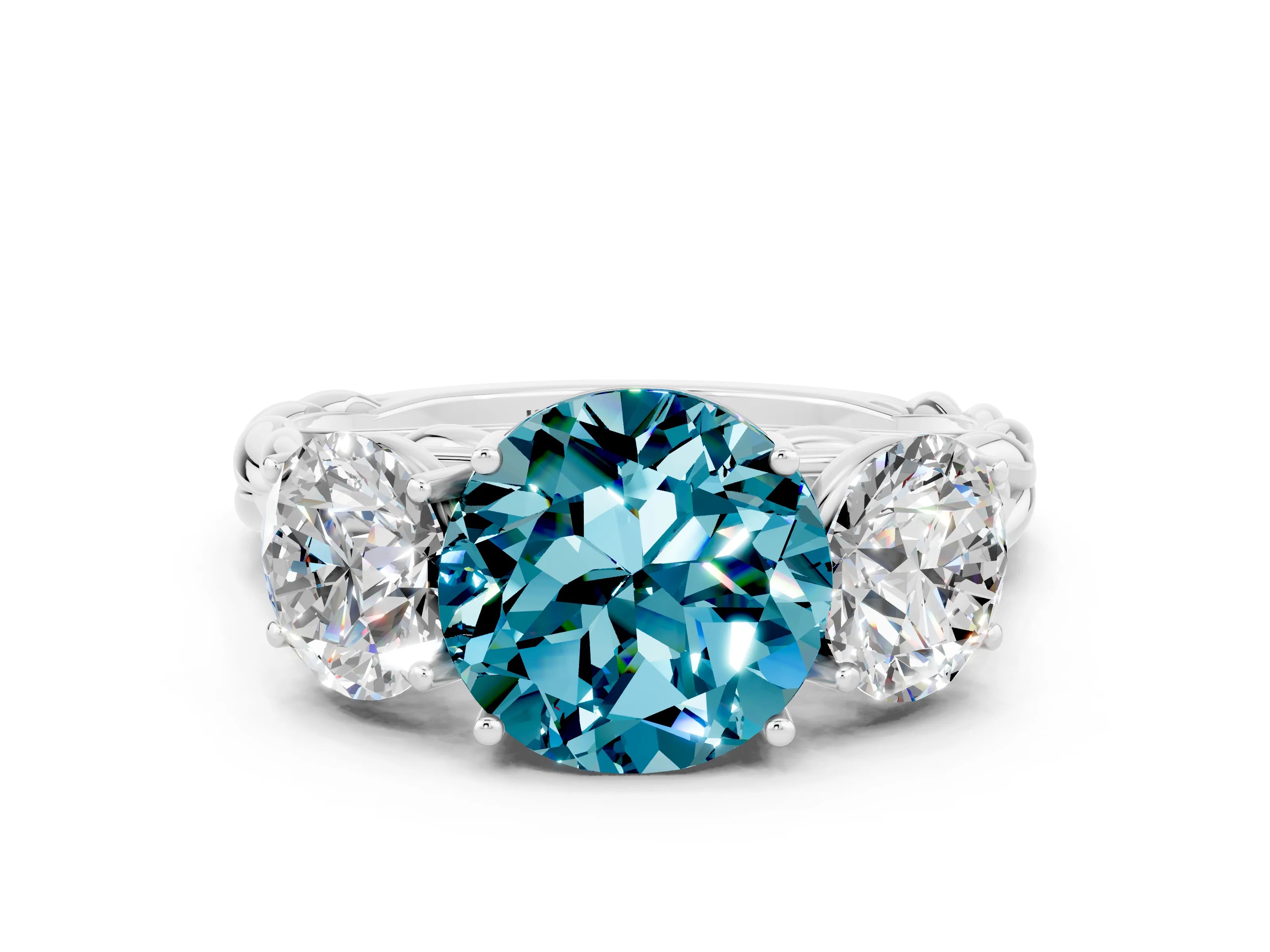 White gold Three-Stone Round Cut Blue Topaz Braided Band Ring with Four-Prong Setting_12