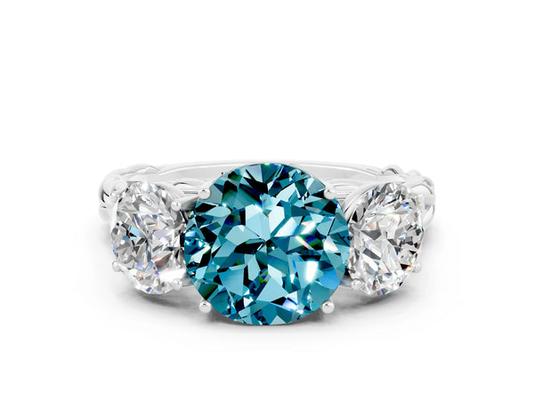 Platinum Three-Stone Round Cut Blue Topaz Braided Band Ring with Four-Prong Setting