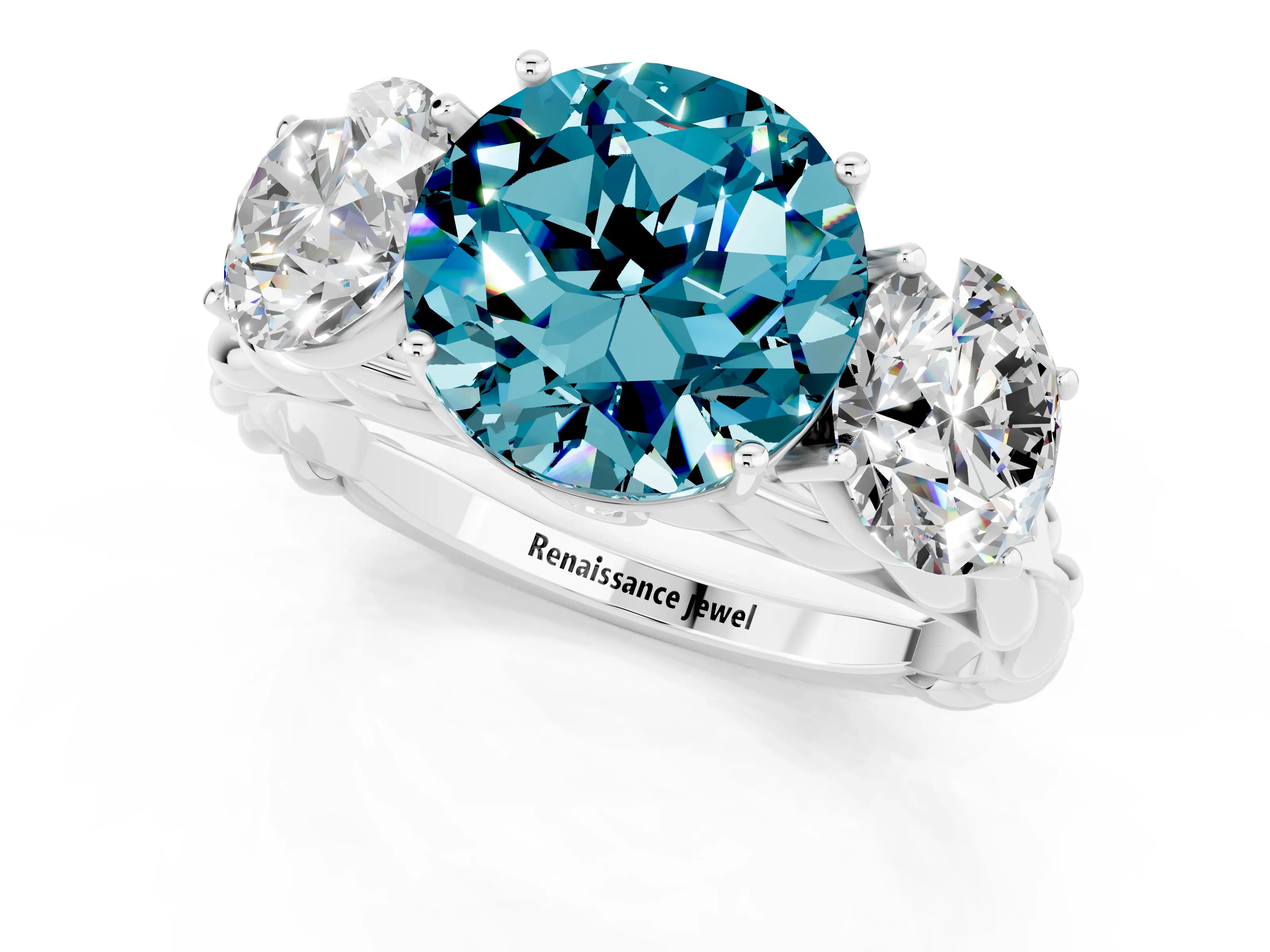 White gold Three-Stone Round Cut Blue Topaz Braided Band Ring with Four-Prong Setting_13