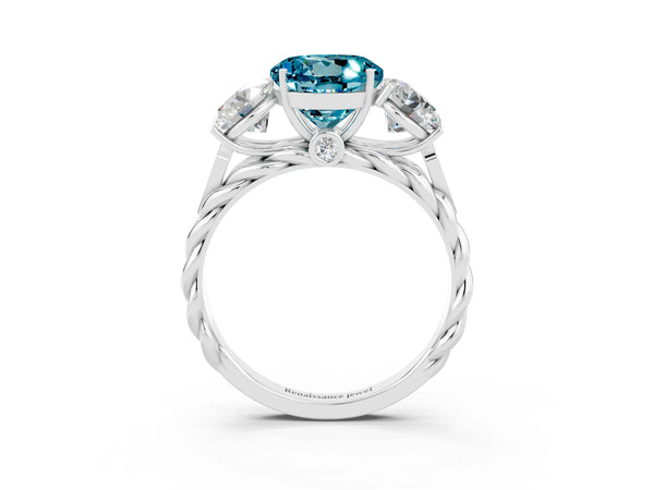 White gold Three-Stone Round Cut Blue Topaz Braided Band Ring with Four-Prong Setting