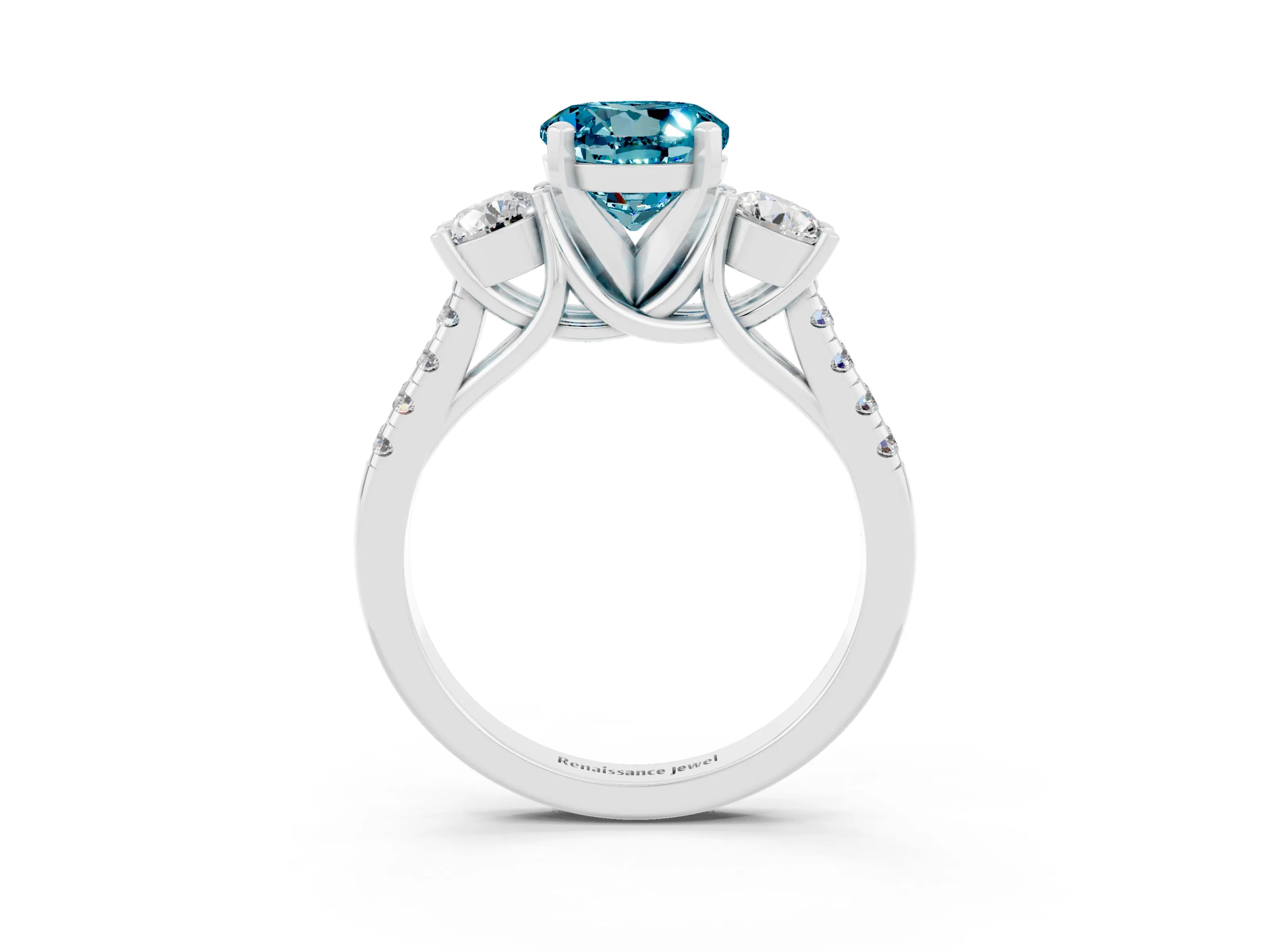 White gold Three-Stone Round Cut Blue Topaz Pavé Band with Four-Prong Setting_3