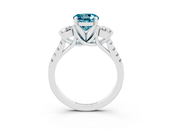 Platinum Three-Stone Round Cut Blue Topaz Pavé Band with Four-Prong Setting