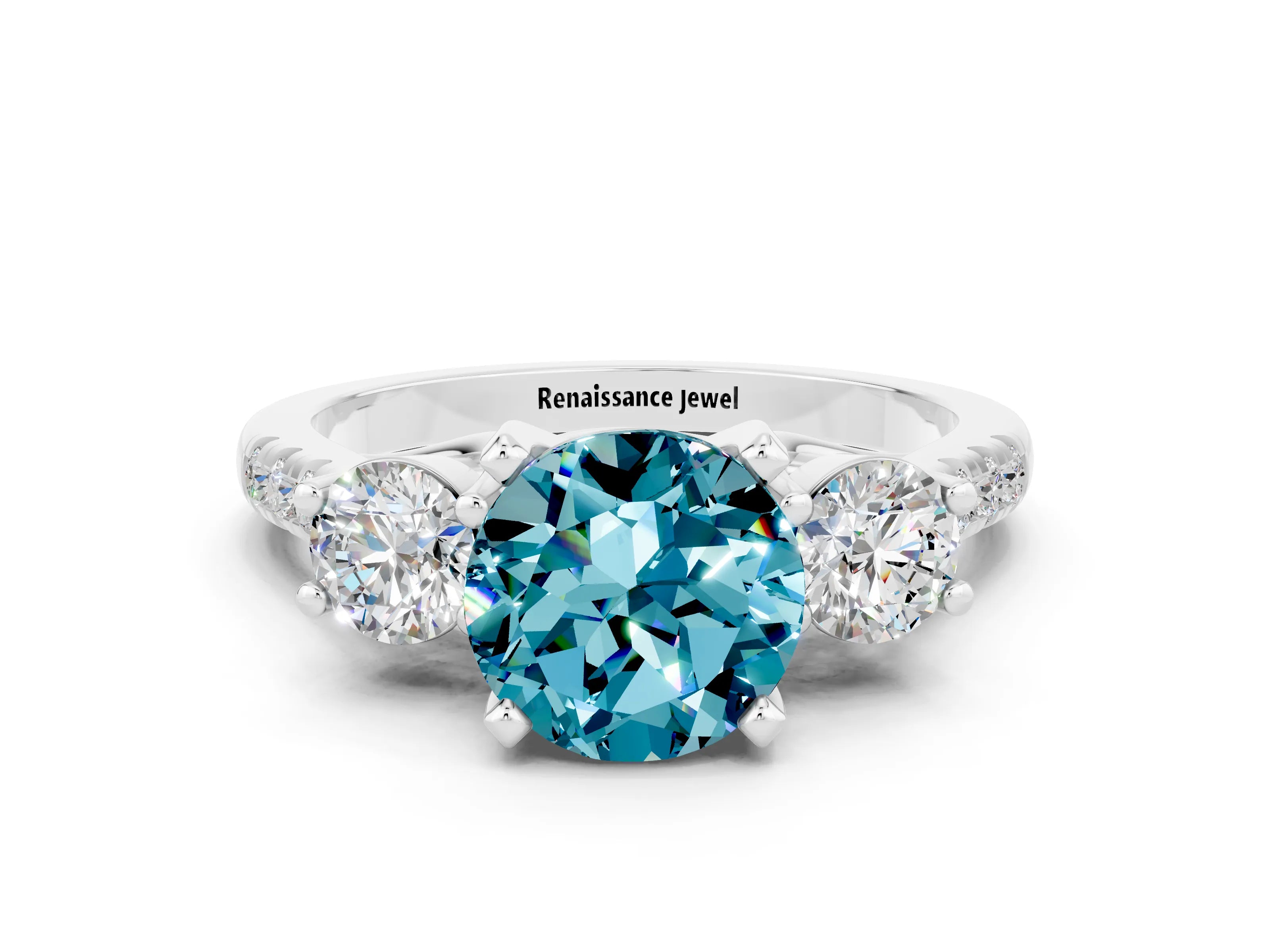 White gold Three-Stone Round Cut Blue Topaz Pavé Band with Four-Prong Setting