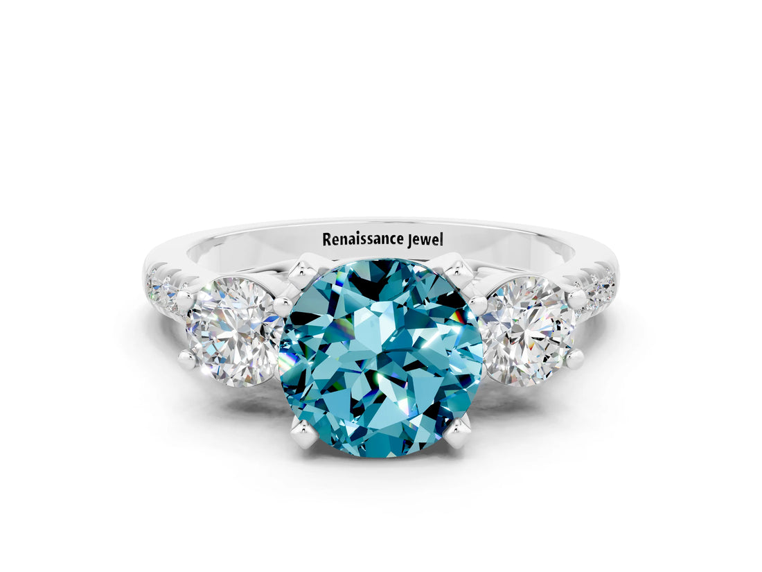 White gold Three-Stone Round Cut Blue Topaz Pavé Band with Four-Prong Setting