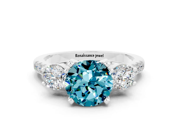 Silver Three-Stone Round Cut Blue Topaz Pavé Band with Four-Prong Setting