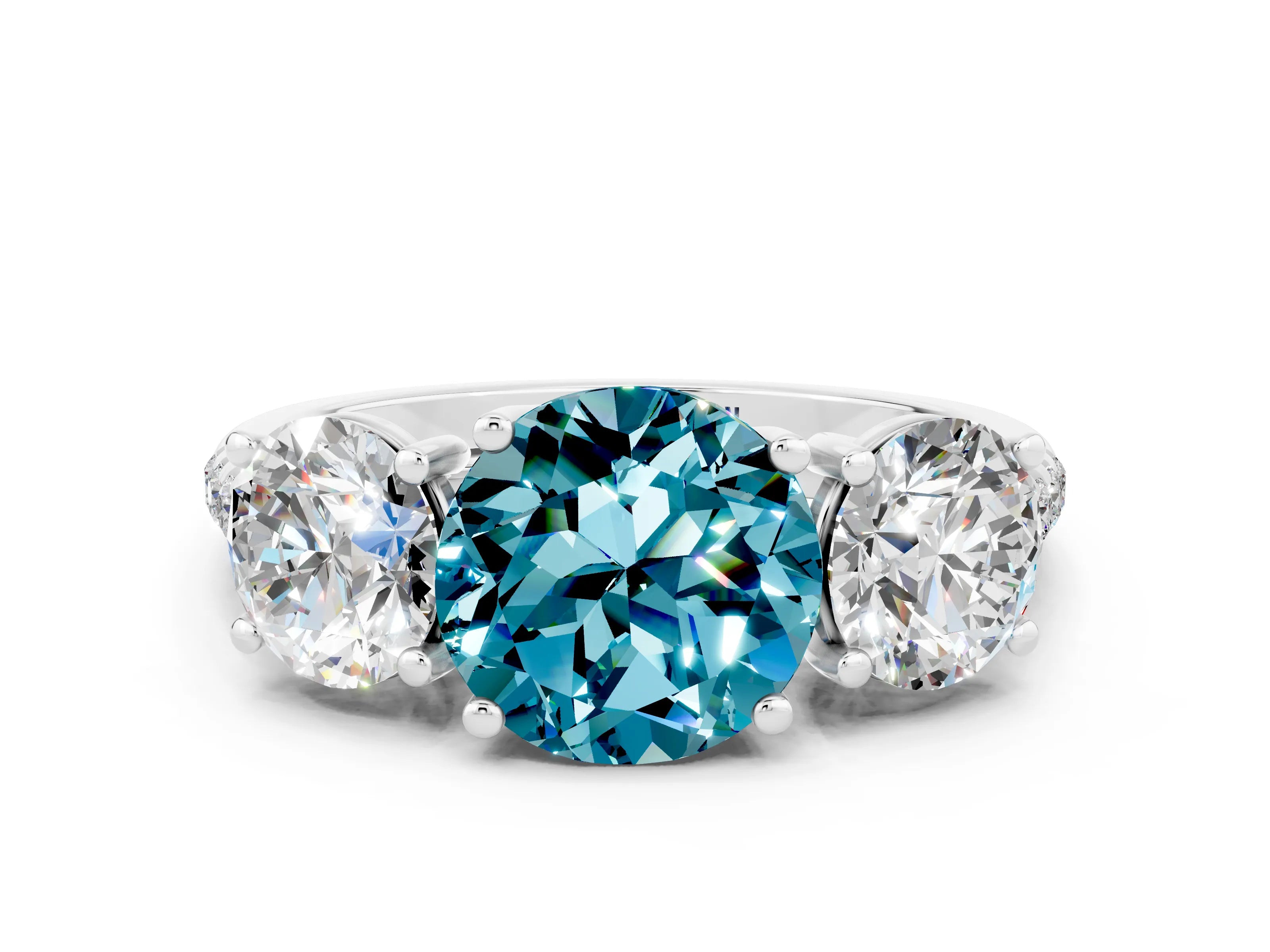 White gold Three-Stone Round Cut Blue Topaz Ring with Pavé Band and Prong Setting_12