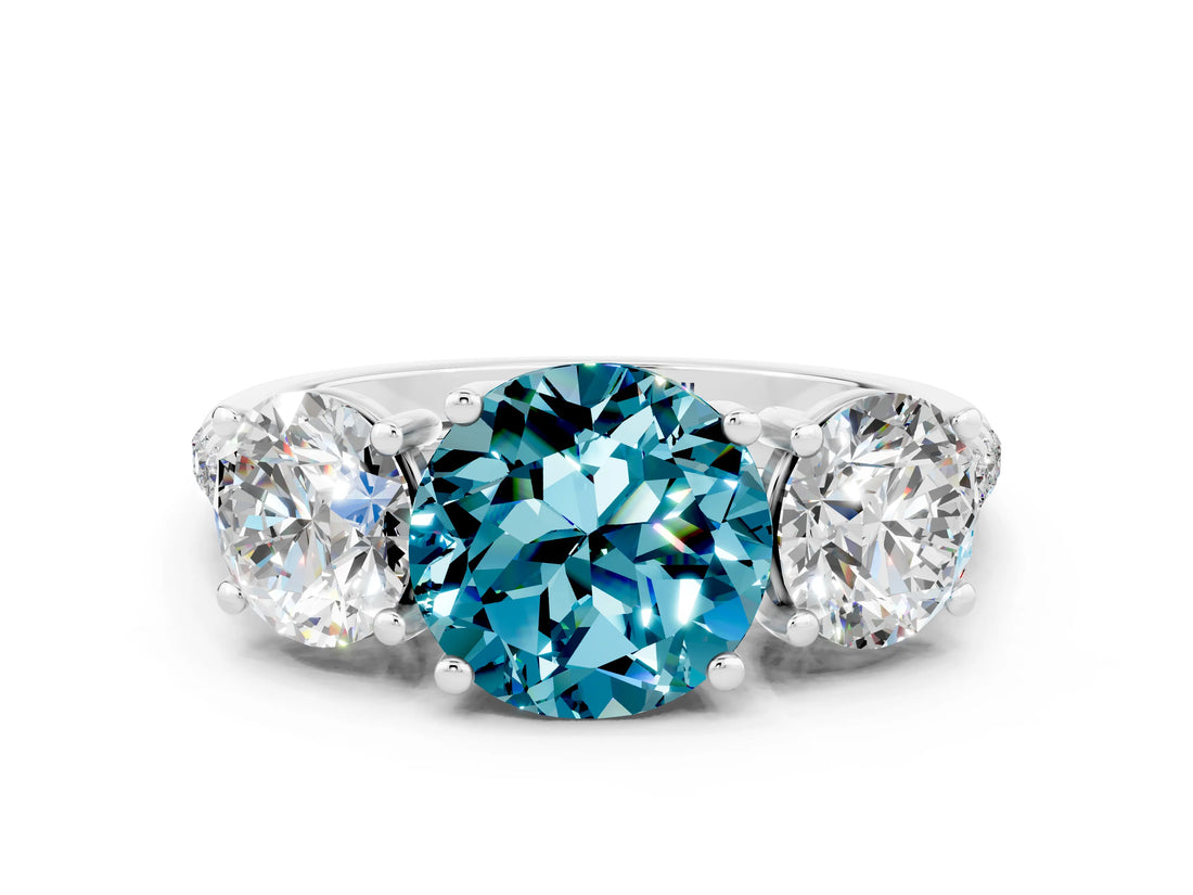 White gold Three-Stone Round Cut Blue Topaz Ring with Pavé Band and Prong Setting_12