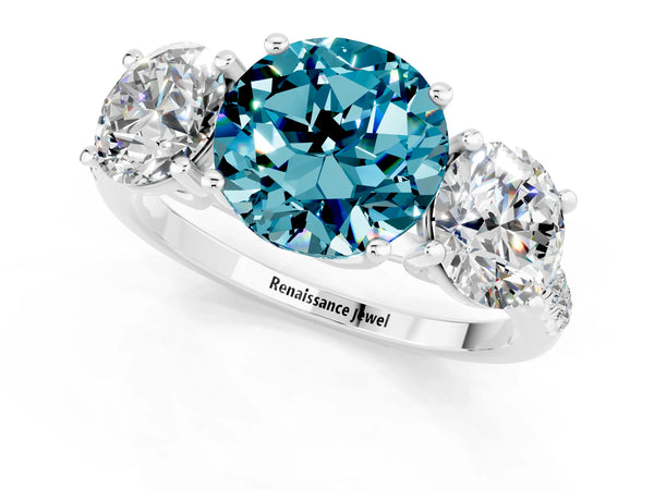 White gold Three-Stone Round Cut Blue Topaz Ring with Round  Pavé Band and Prong Setting