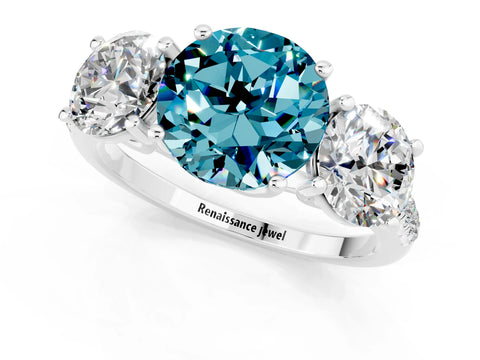 White gold Three-Stone Round Cut Blue Topaz Ring with Pavé Band and Prong Setting_13