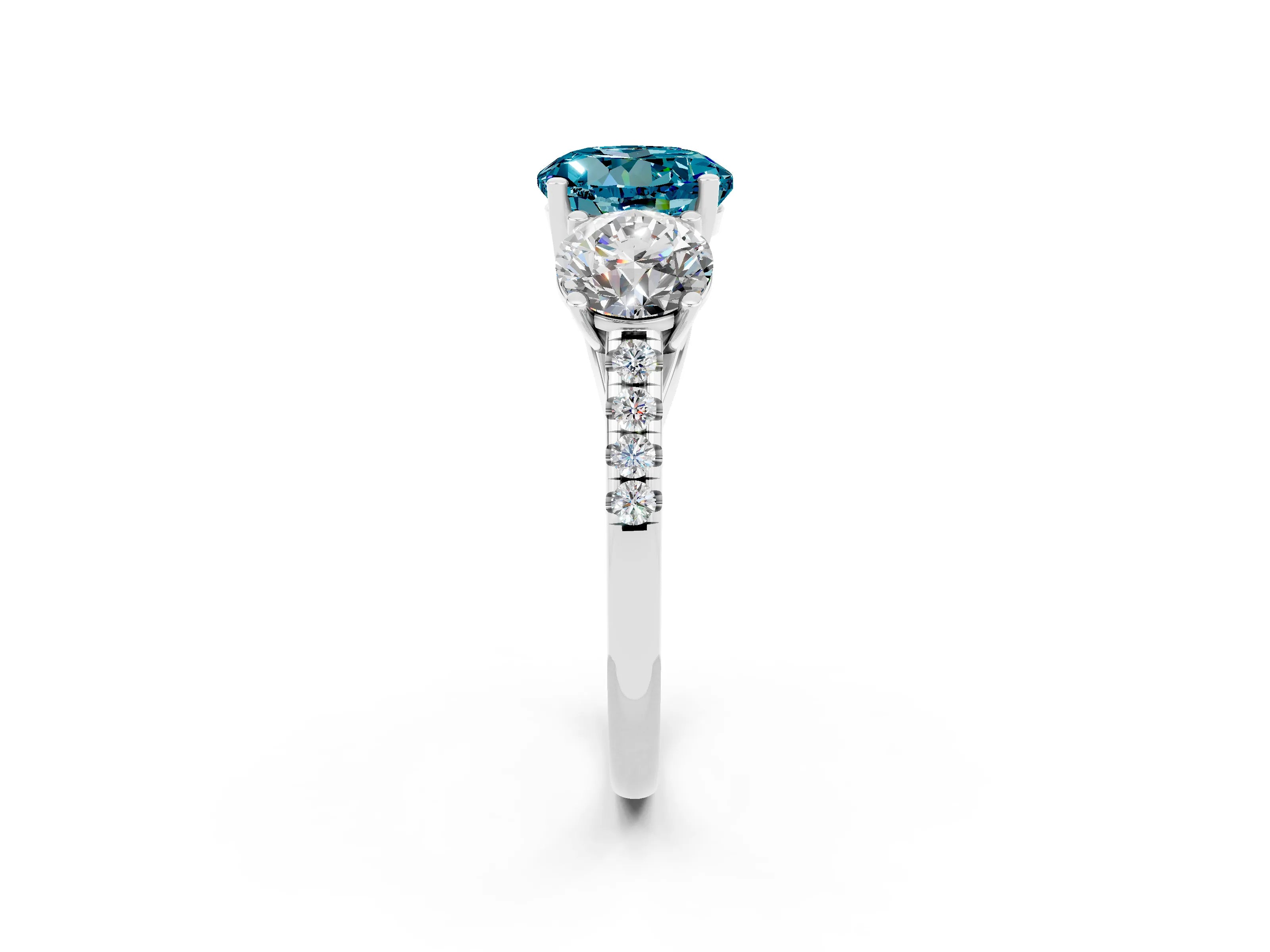 White gold Three-Stone Round Cut Blue Topaz Ring with Pavé Band and Prong Setting_14