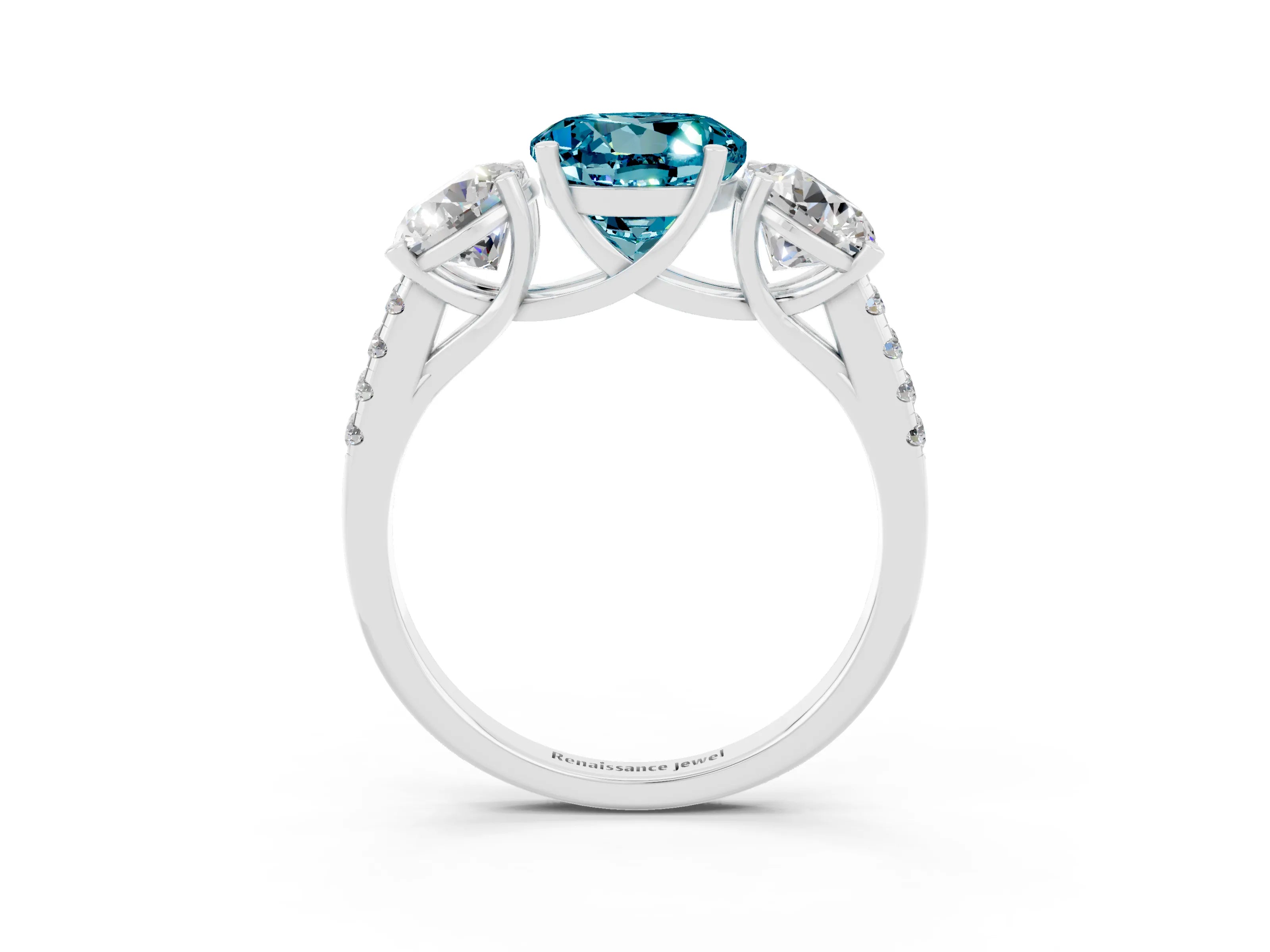 White gold Three-Stone Round Cut Blue Topaz Ring with Pavé Band and Prong Setting_15
