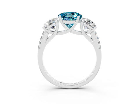 White gold Three-Stone Round Cut Blue Topaz Ring with Pavé Band and Prong Setting_15