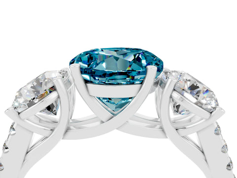 White gold Three-Stone Round Cut Blue Topaz Ring with Pavé Band and Prong Setting_16