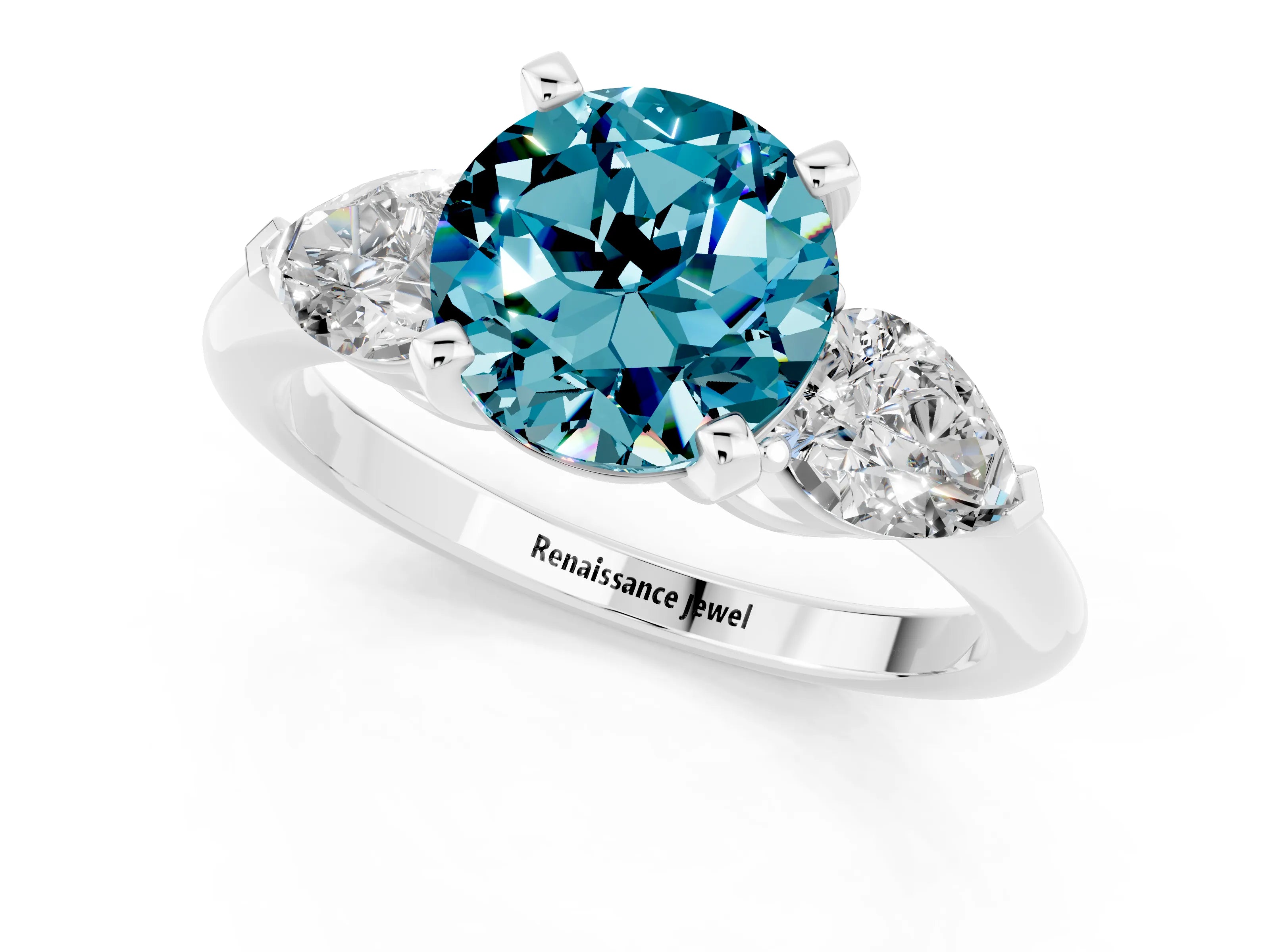 White gold Three-Stone Round Cut Blue Topaz Ring with Pear Side Stones and Four-Prong Setting_19