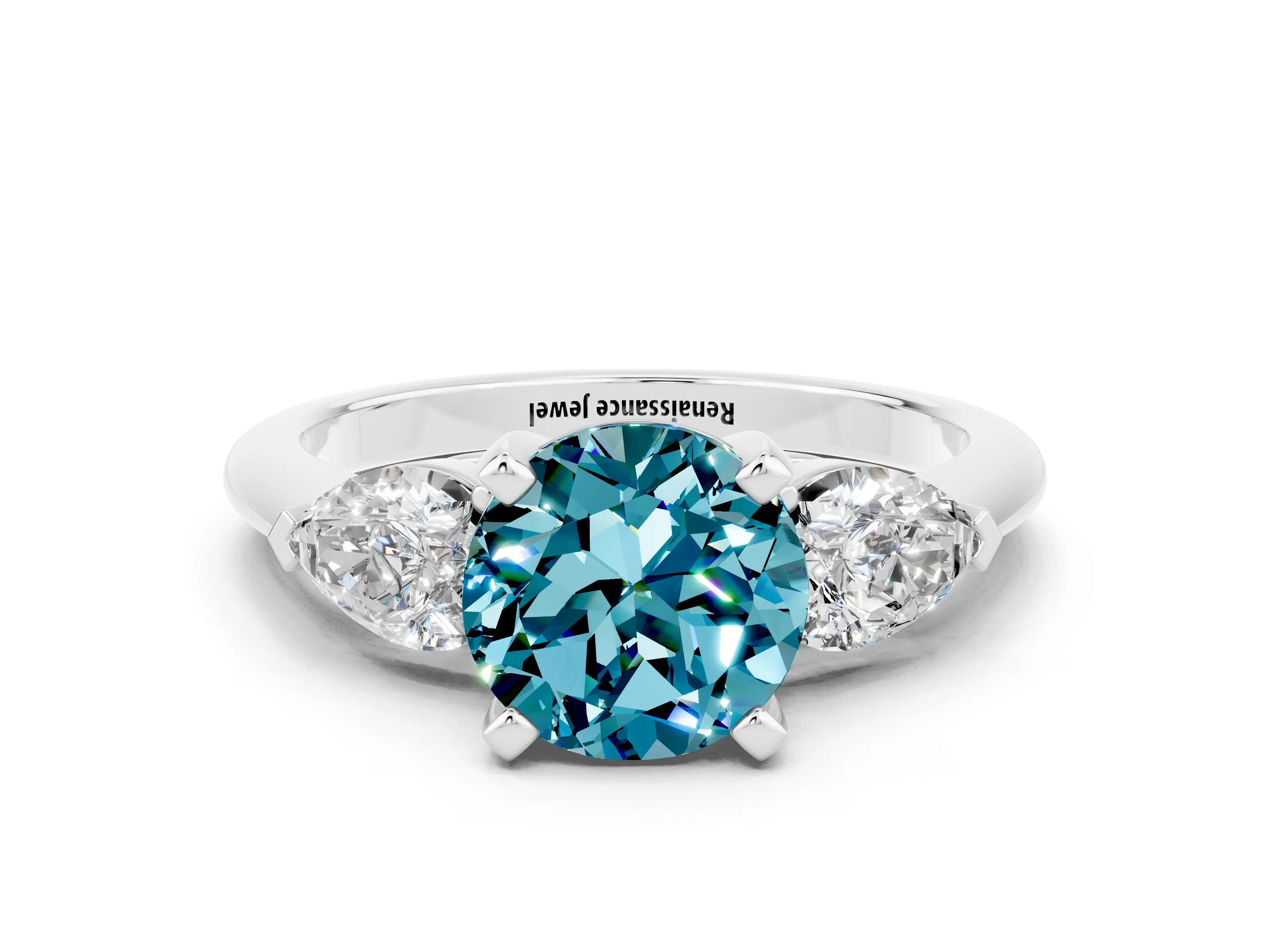 White gold Three-Stone Round Cut Blue Topaz Ring with Pear Side Stones and Four-Prong Setting_20